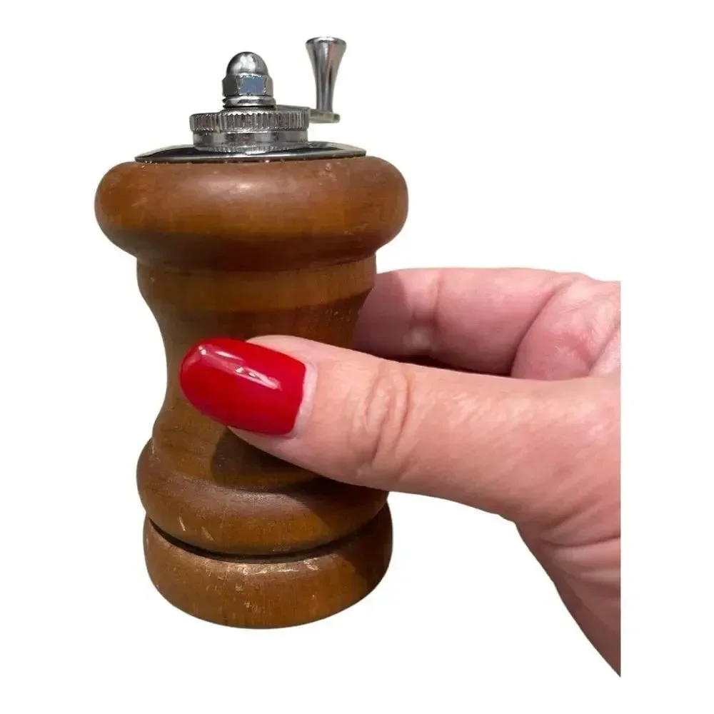Vintage Small Wooden Pepper Mill with Silver Accents MCM